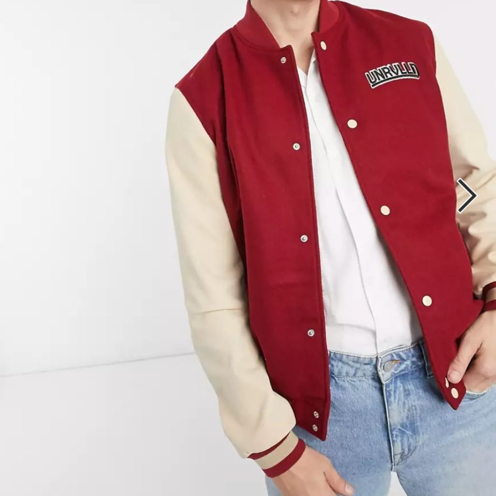ASOS Unrvlld Spply leather varsity bomber jacket in red